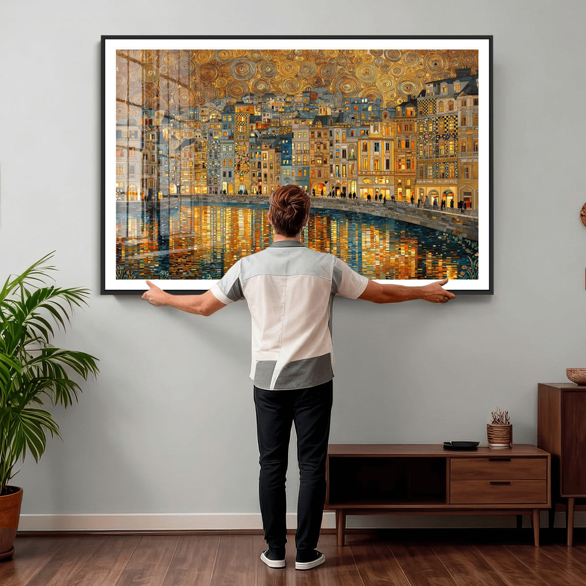 Gustav Klimt Golden Cityscape Wall Art Canvas Print, Framed