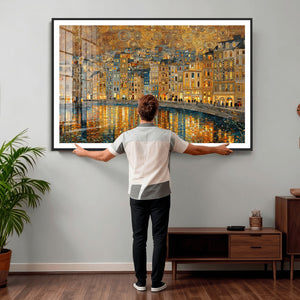 Gustav Klimt Golden Cityscape Wall Art Canvas Print, Framed