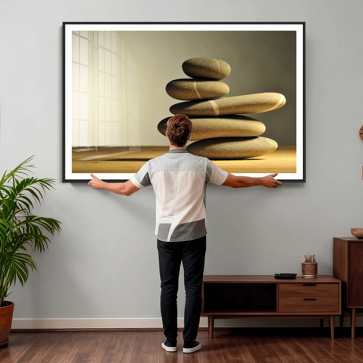 Zen Stone Wall Art Canvas Print, Balanced Rock Stack Framed