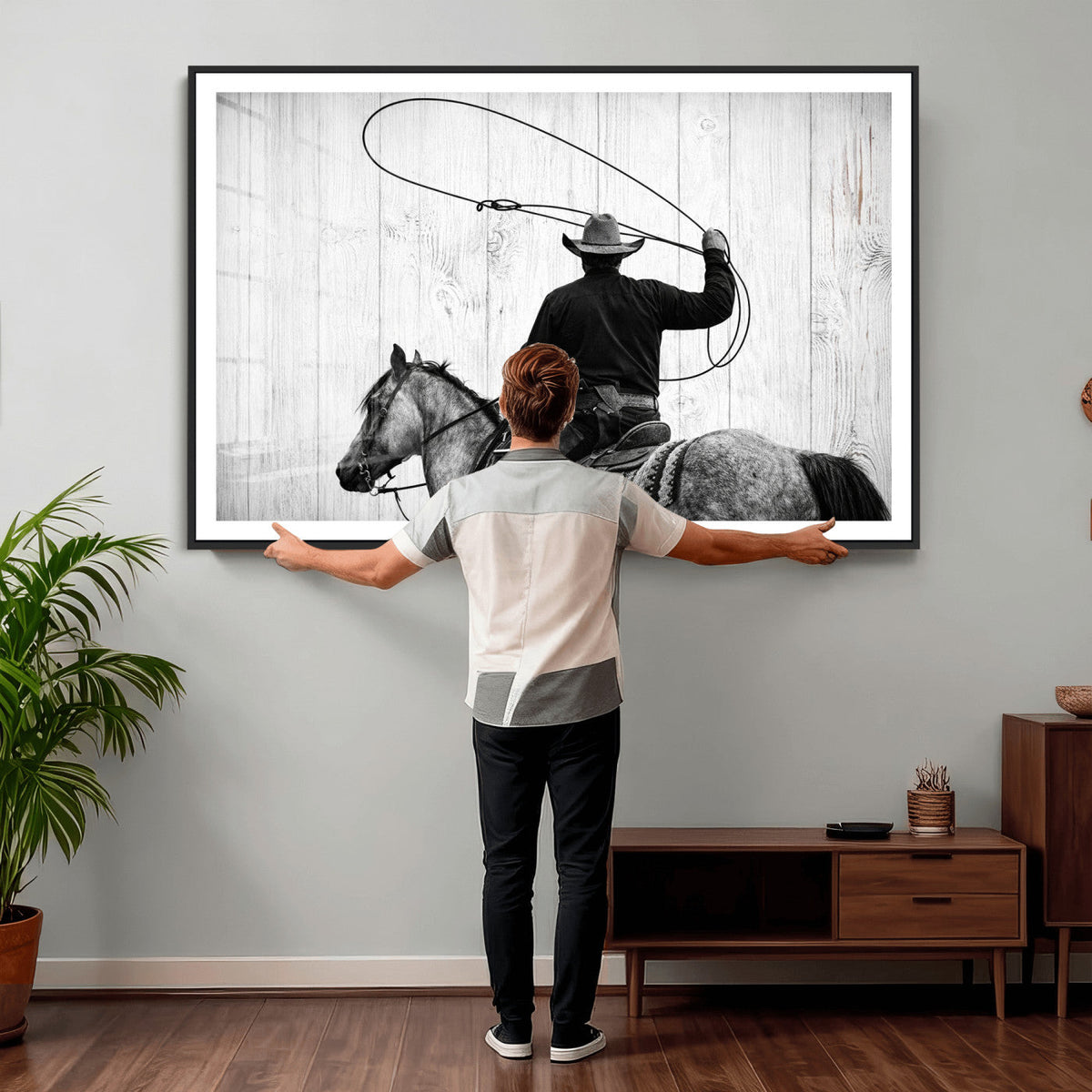 Cowboy Lasso Canvas Wall Art, Black White Western Horse