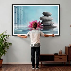 Zen Canvas Wall Art Lotus Flower Stacked Stones Teal Spa