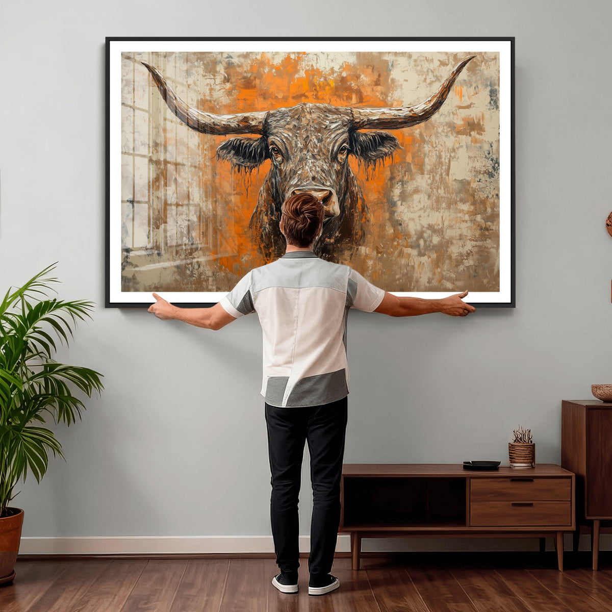 Abstract Cow Longhorn Bull Wall Art Canvas Print - Rustic