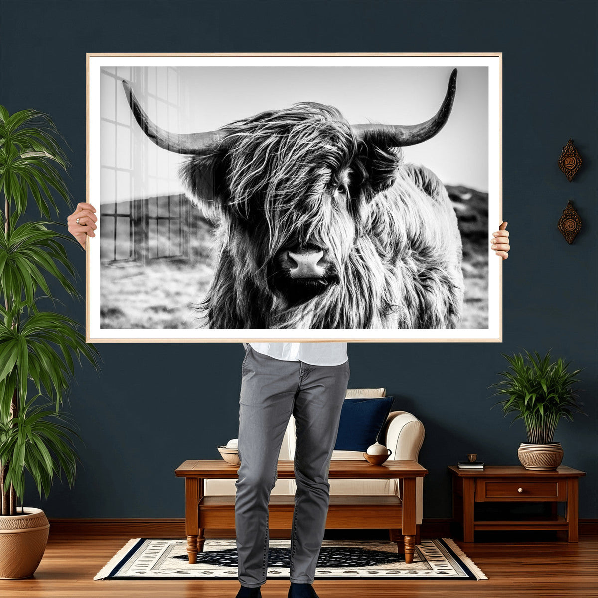 Black and White Scottish Cow Canvas Wall Art Highland Cattle