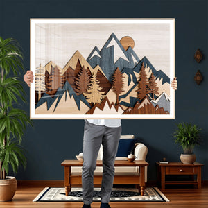 Rustic Abstract Wood Panel Effect Canvas Mountain Range Top