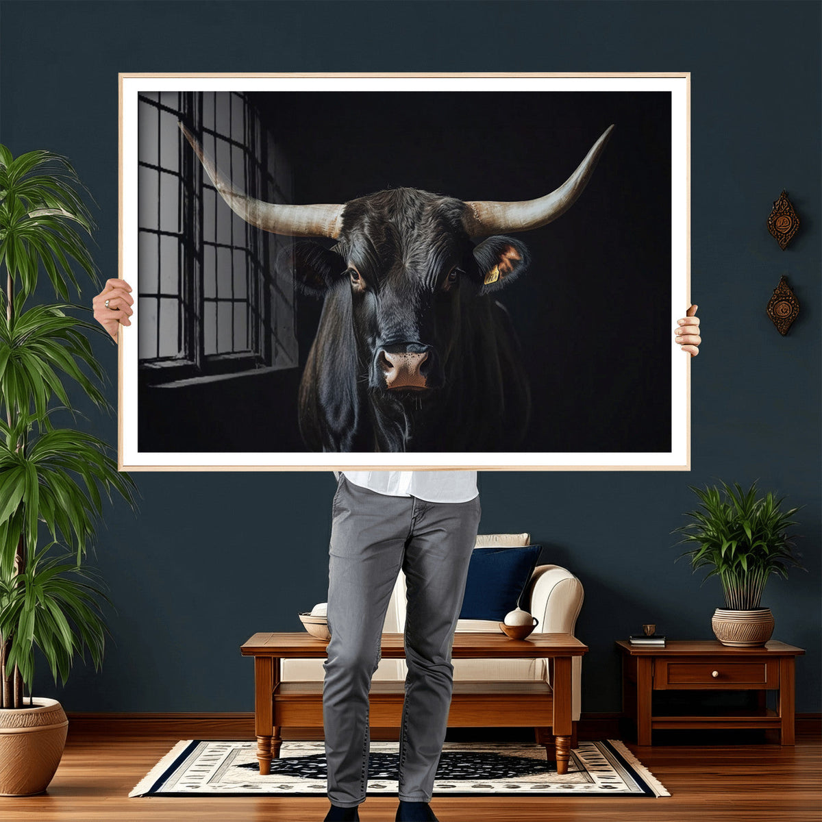 Majestic Longhorn Bull Wall Art Canvas Print – Dark