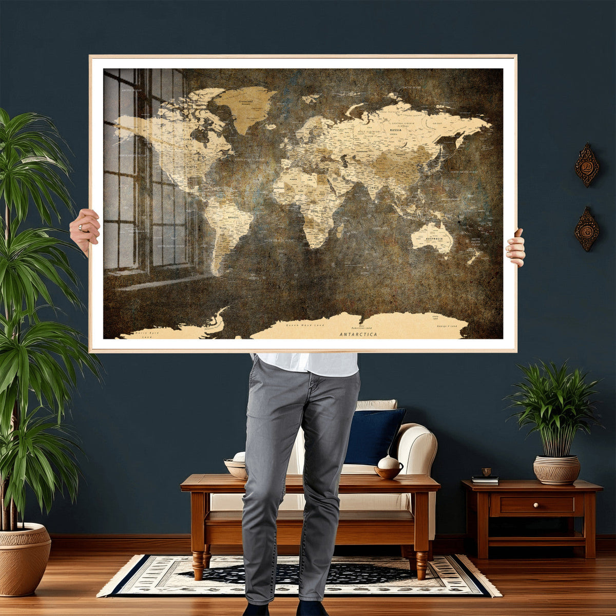 Large Framed Vintage World Map Wall Art Print for Home Wall