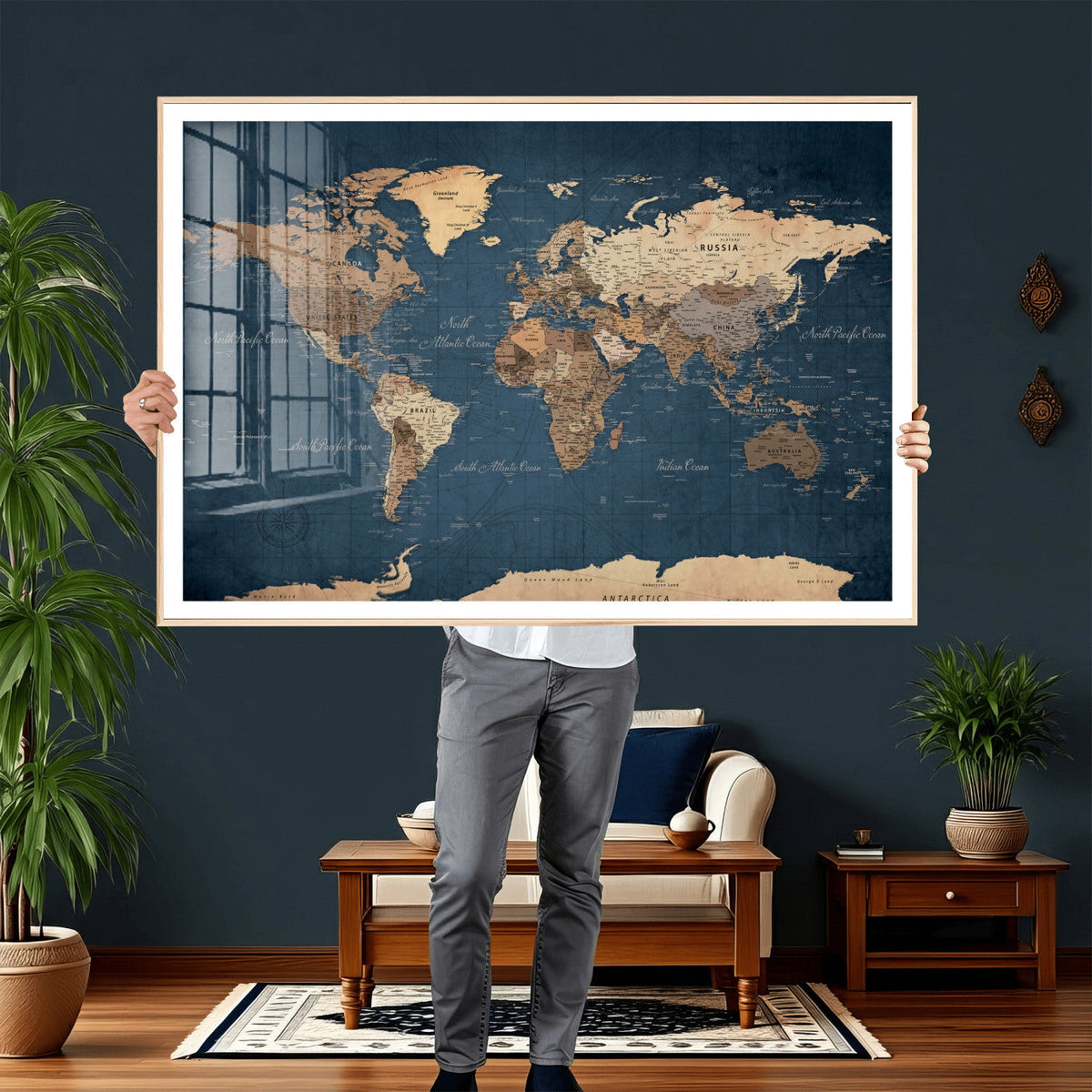 Navy Blue World Map Canvas Print – Framed Travel Map Wall