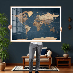 Navy Blue World Map Canvas Print – Framed Travel Map Wall