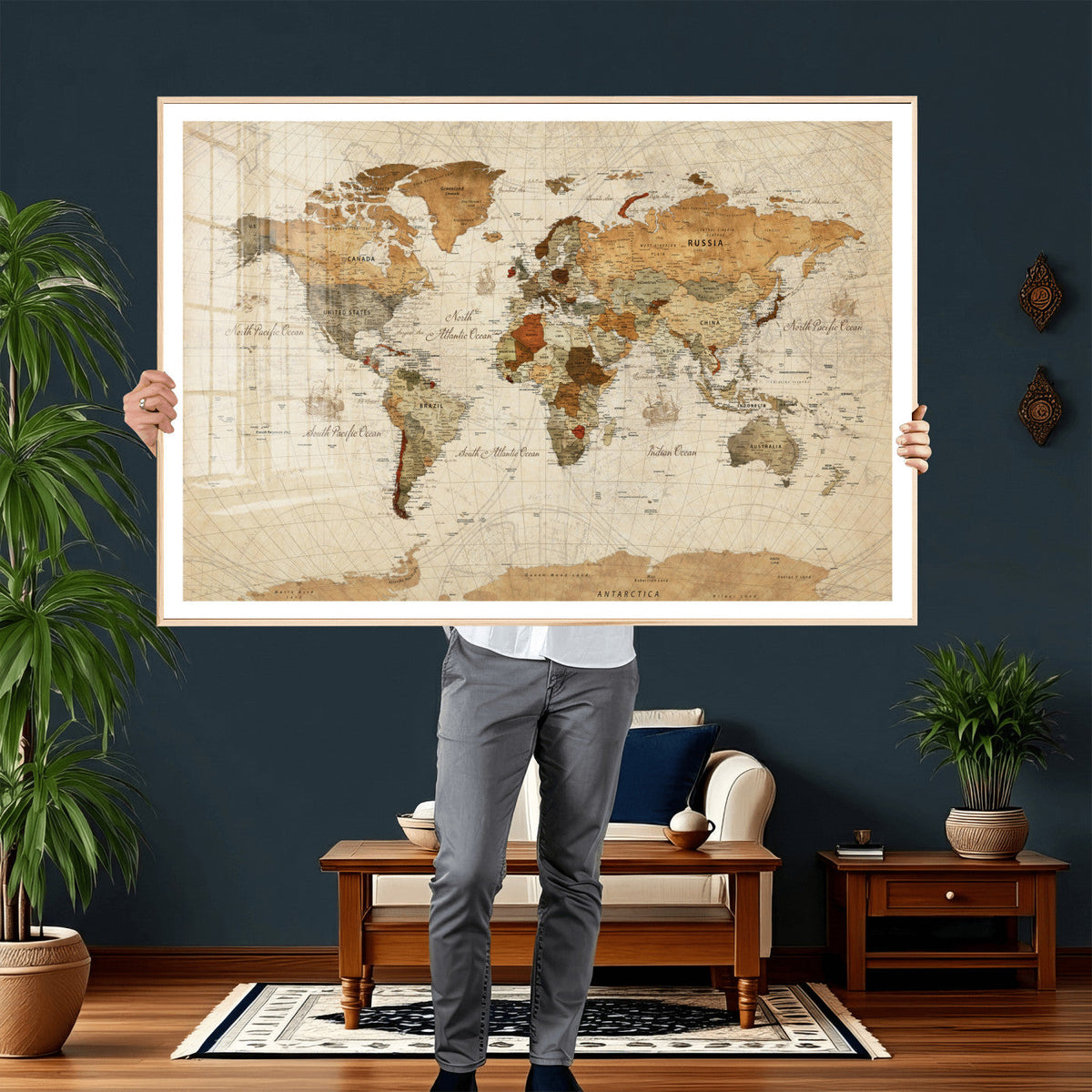 Rustic Vintage World Map Canvas Print – Framed Modern