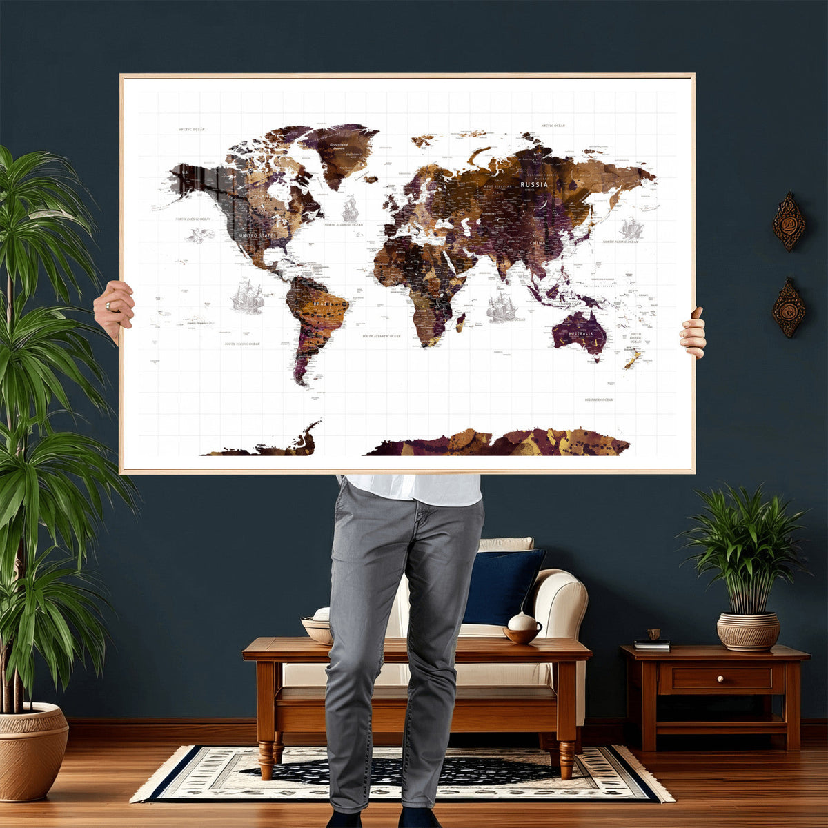 Rustic World Map Wall Art Canvas Print | Large World Map on