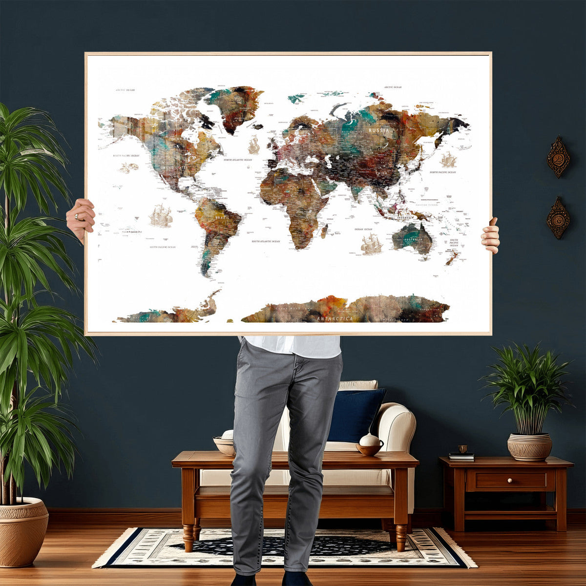 Watercolor World Map Canvas Print – Detailed Map of the