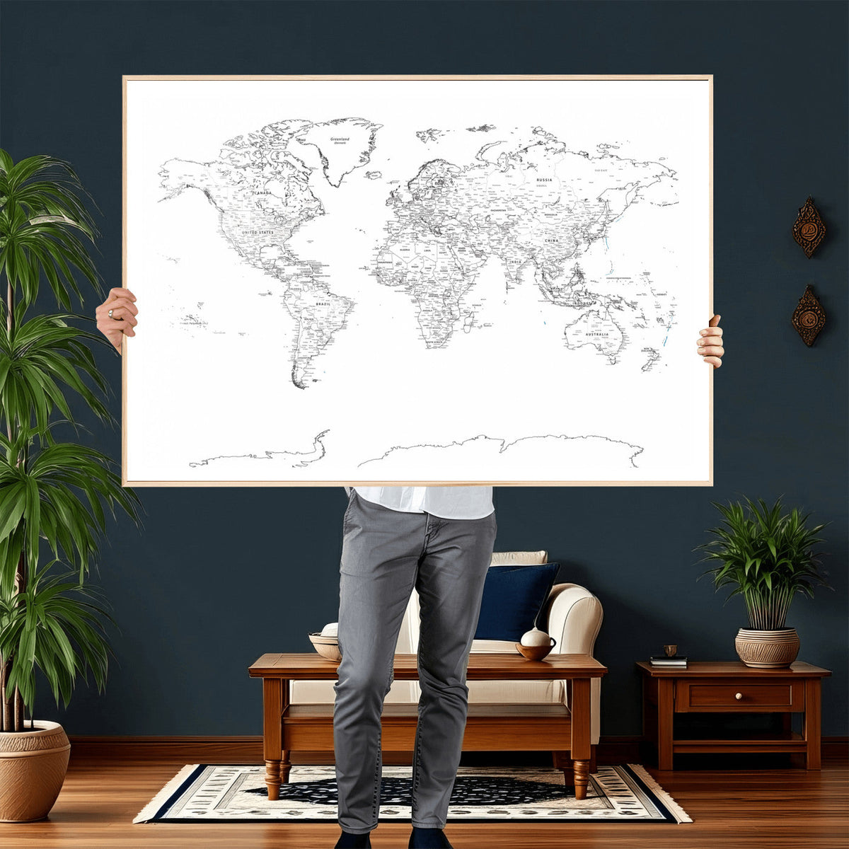 World Map Canvas Print – Framed Modern Detailed Map of the