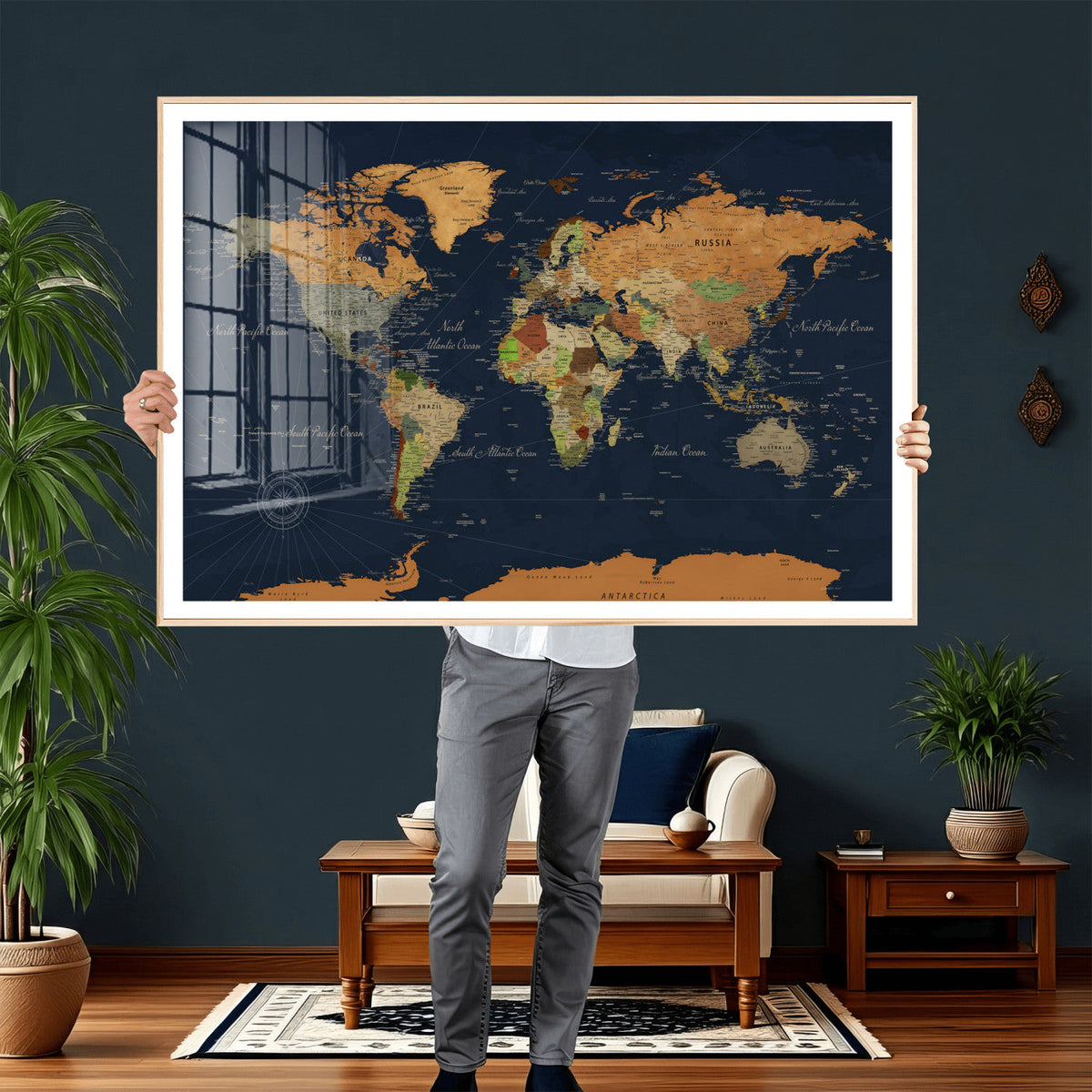 Modern World Map Canvas Print – Framed Detailed Map of the