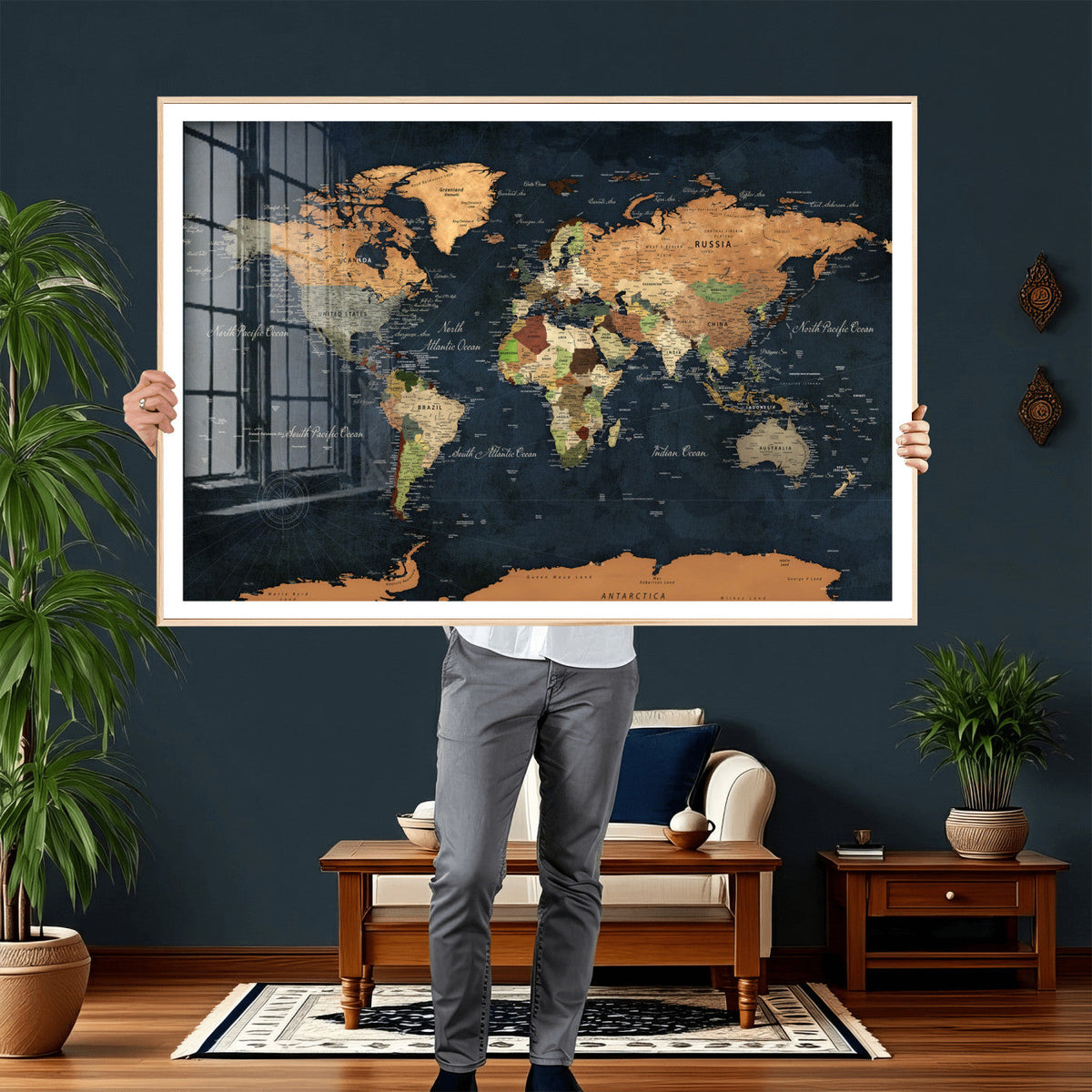 Vintage World Map Canvas Wall Art – Detailed Map with