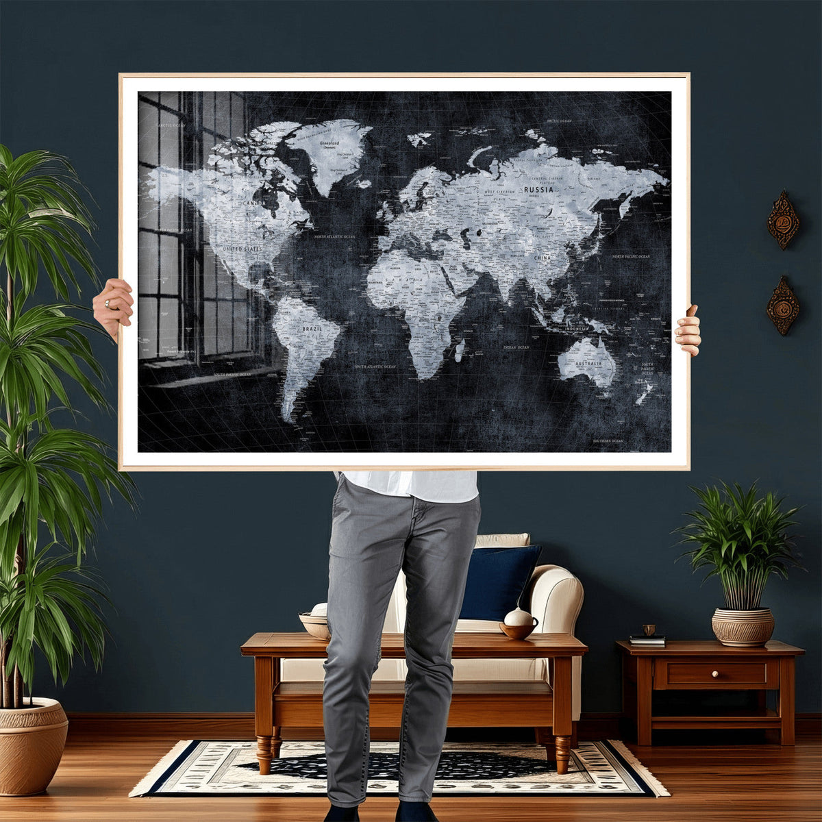 Black World Map Canvas Print – Detailed Map for Couples and