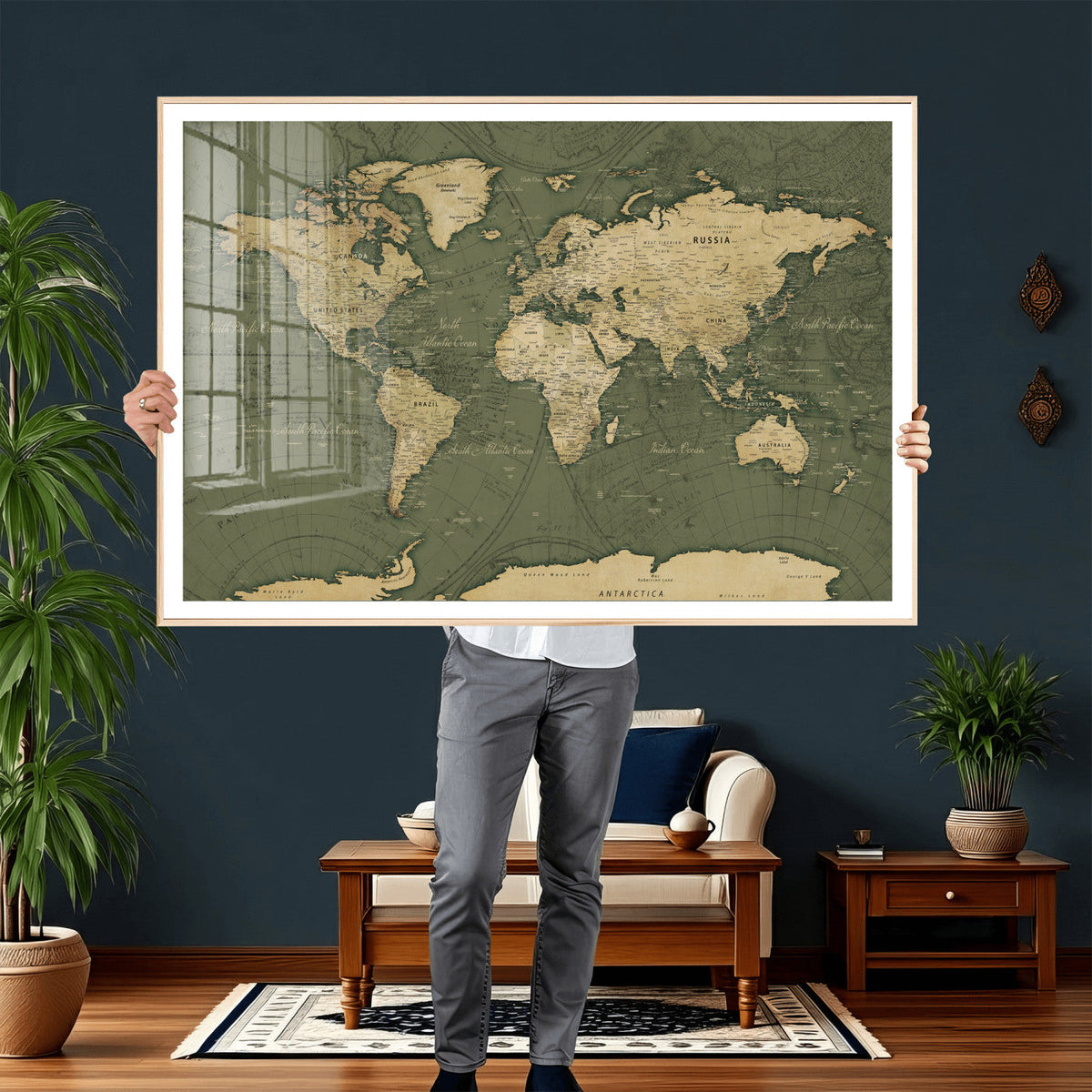 Large World Map Canvas Wall Art Print for Study Room Decor -