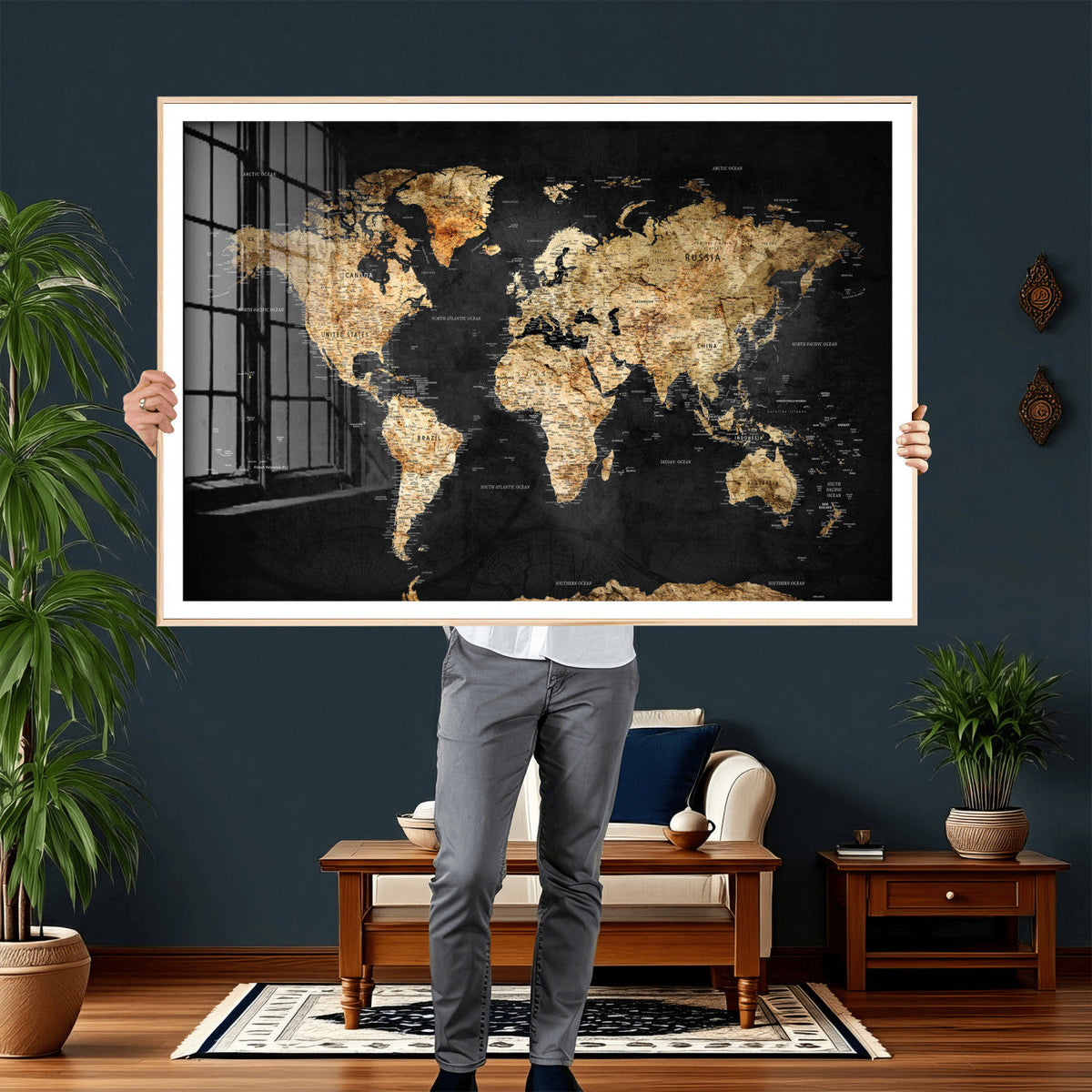 World Map Canvas Wall Art with Famous Landmarks – Framed
