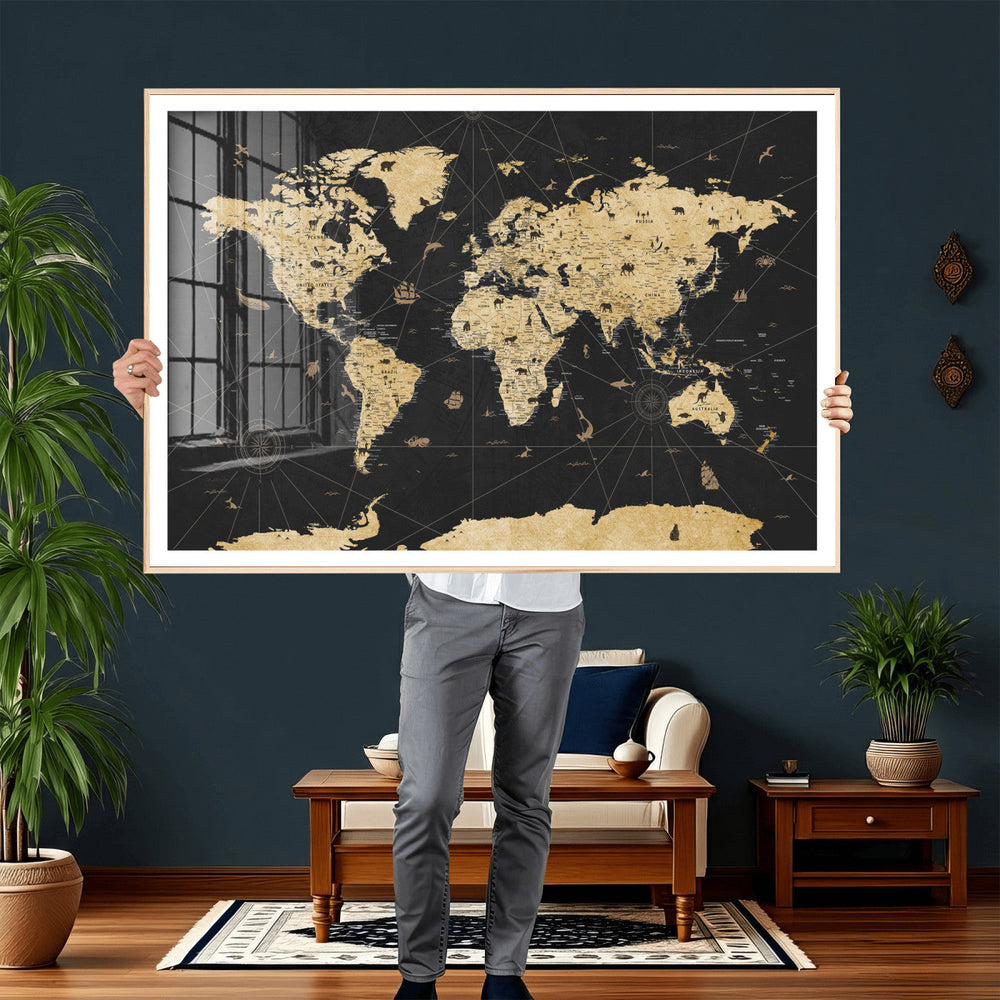 Vintage Blue and Brown World Map Canvas Wall Art – Framed