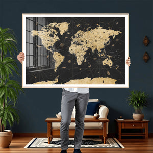 Vintage Blue and Brown World Map Canvas Wall Art – Framed