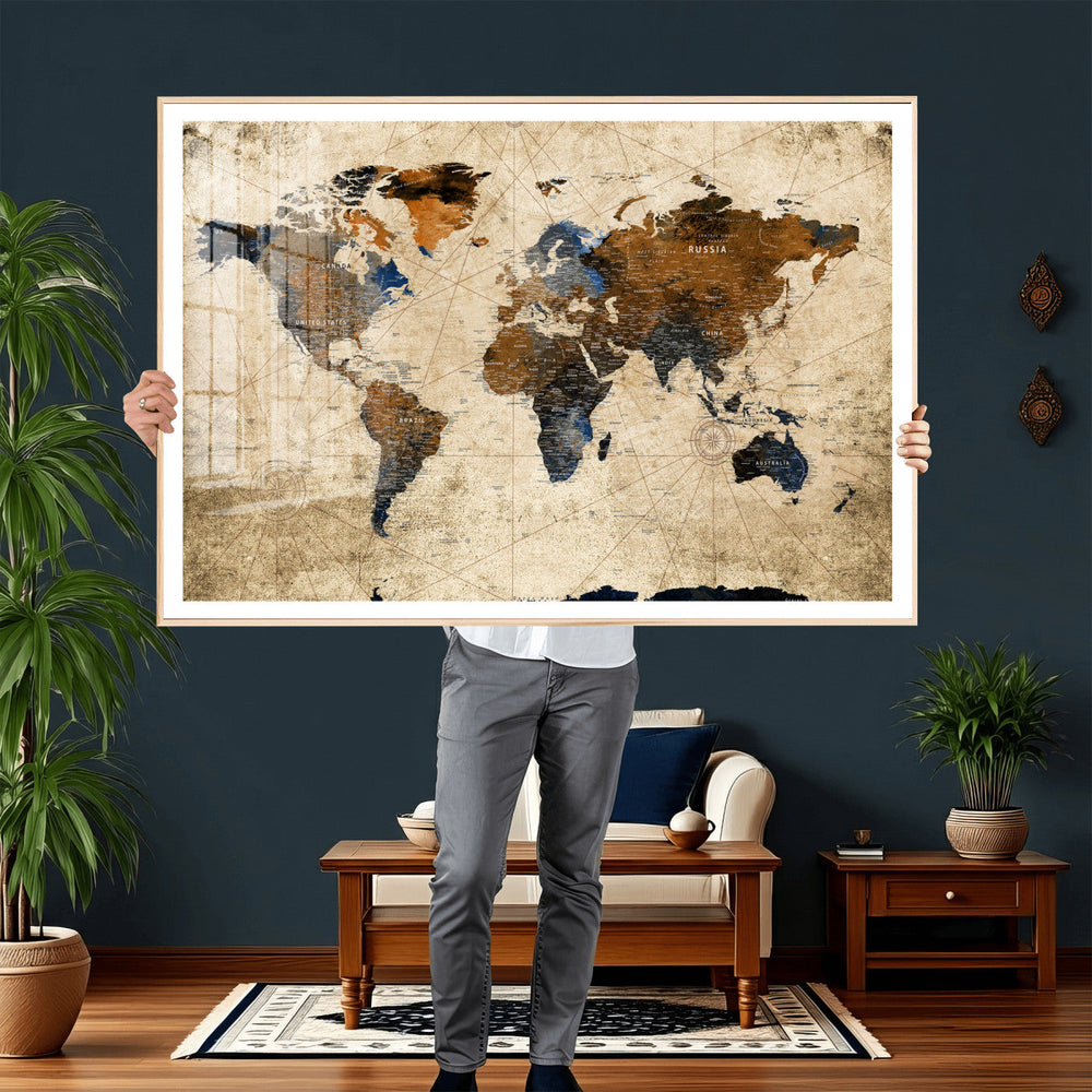 World Map Wall Art Canvas Print, Modern Decorative Framed