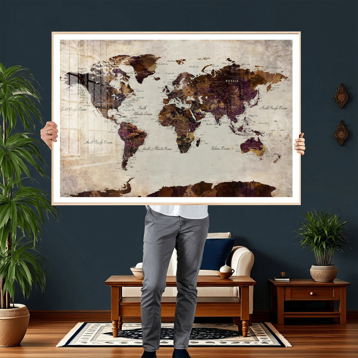 World Map Canvas Triptych – Colorful Global Wall Art for