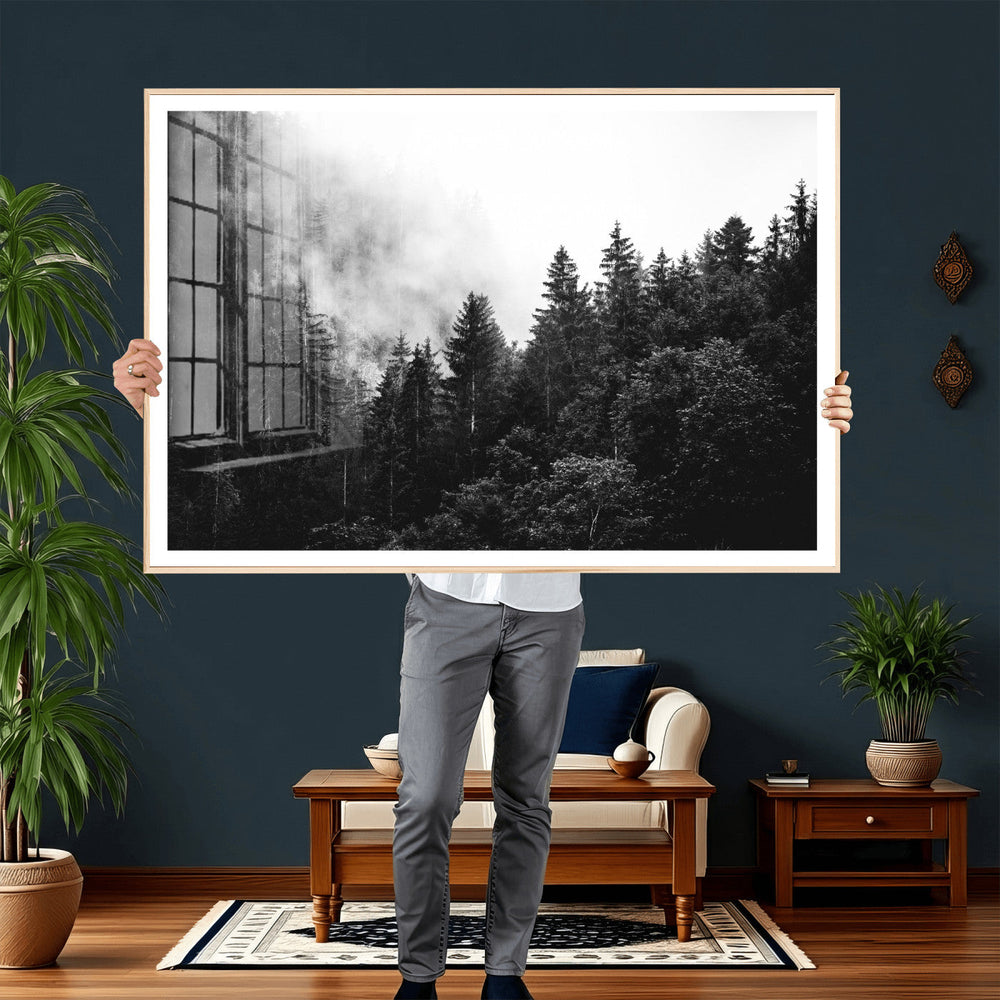 Black White Forest Wall Art Canvas Print, Misty Pine Tree