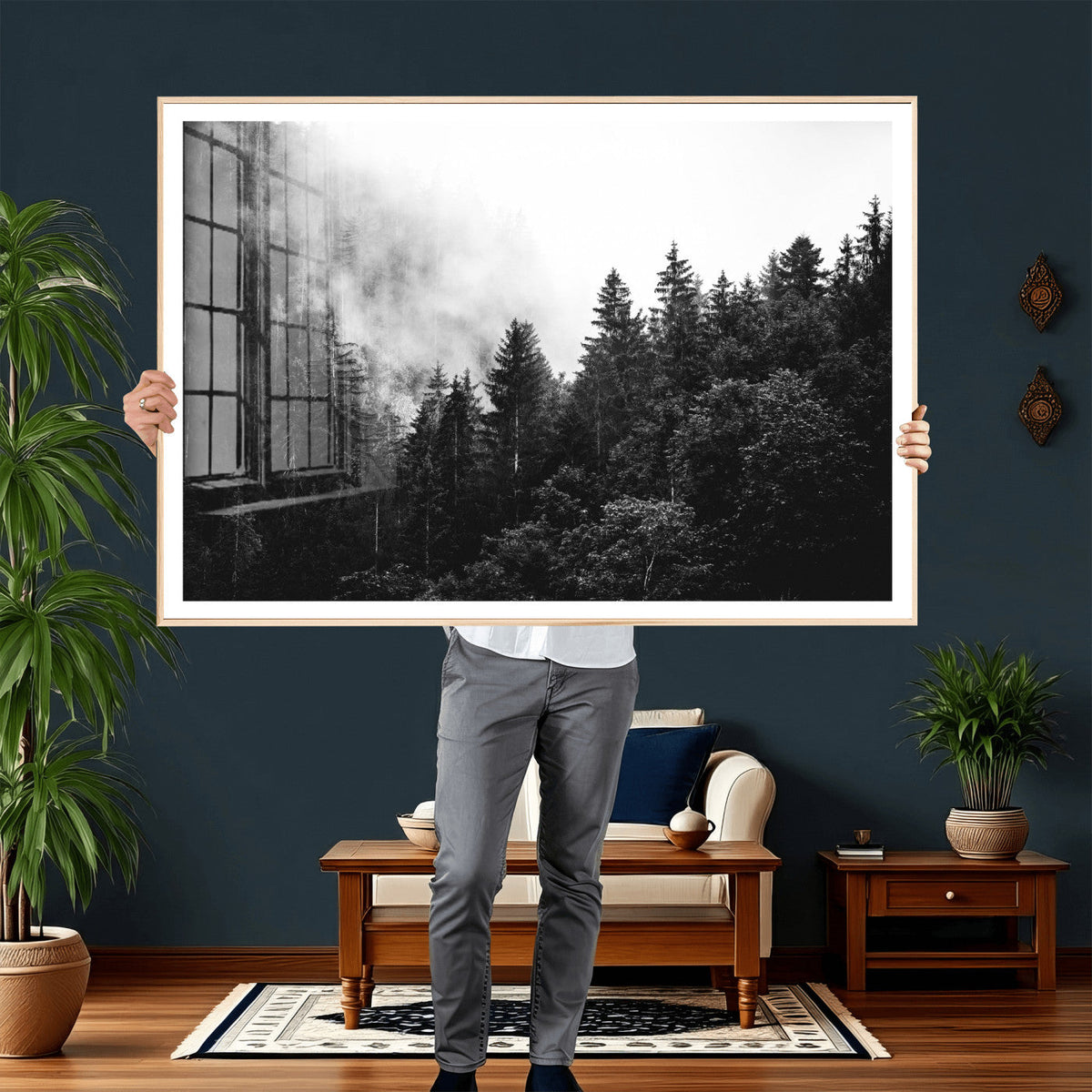 Black White Forest Wall Art Canvas Print, Misty Pine Tree