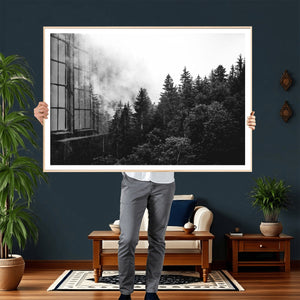 Black White Forest Wall Art Canvas Print, Misty Pine Tree