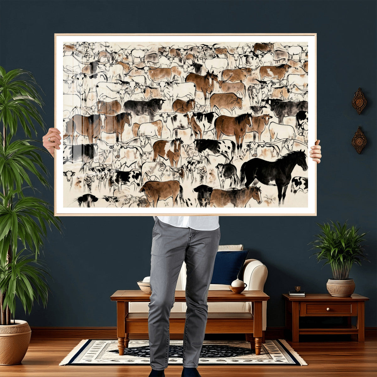 Farmhouse Animals Horse Longhorn Cow Wall Art Canvas Print -
