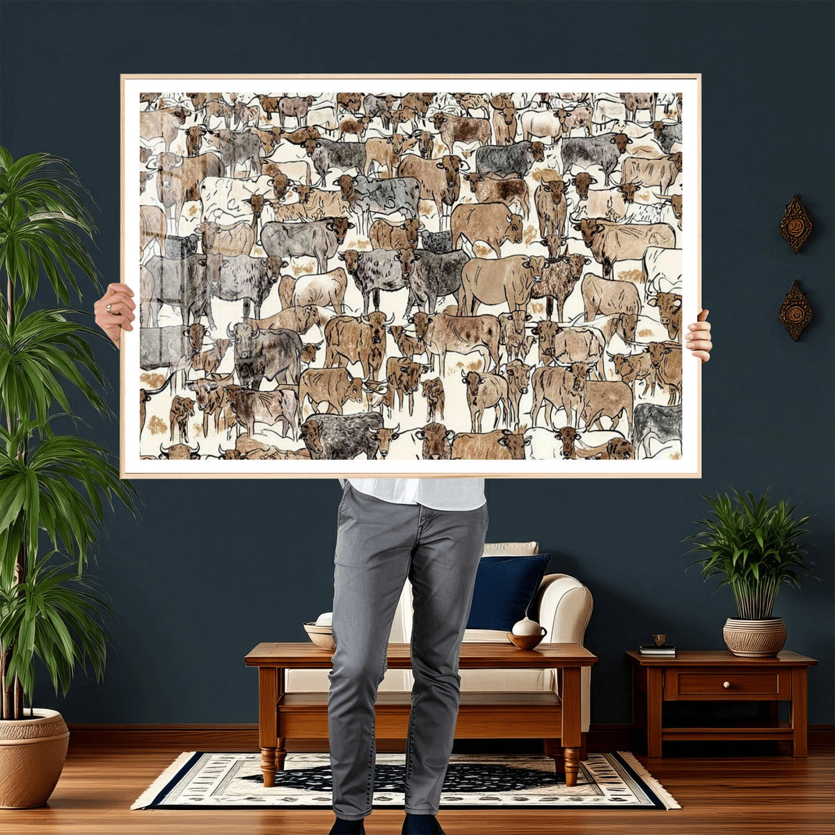 Abstract Longhorn Wall Art Canvas Print - Cow Animal Drawing