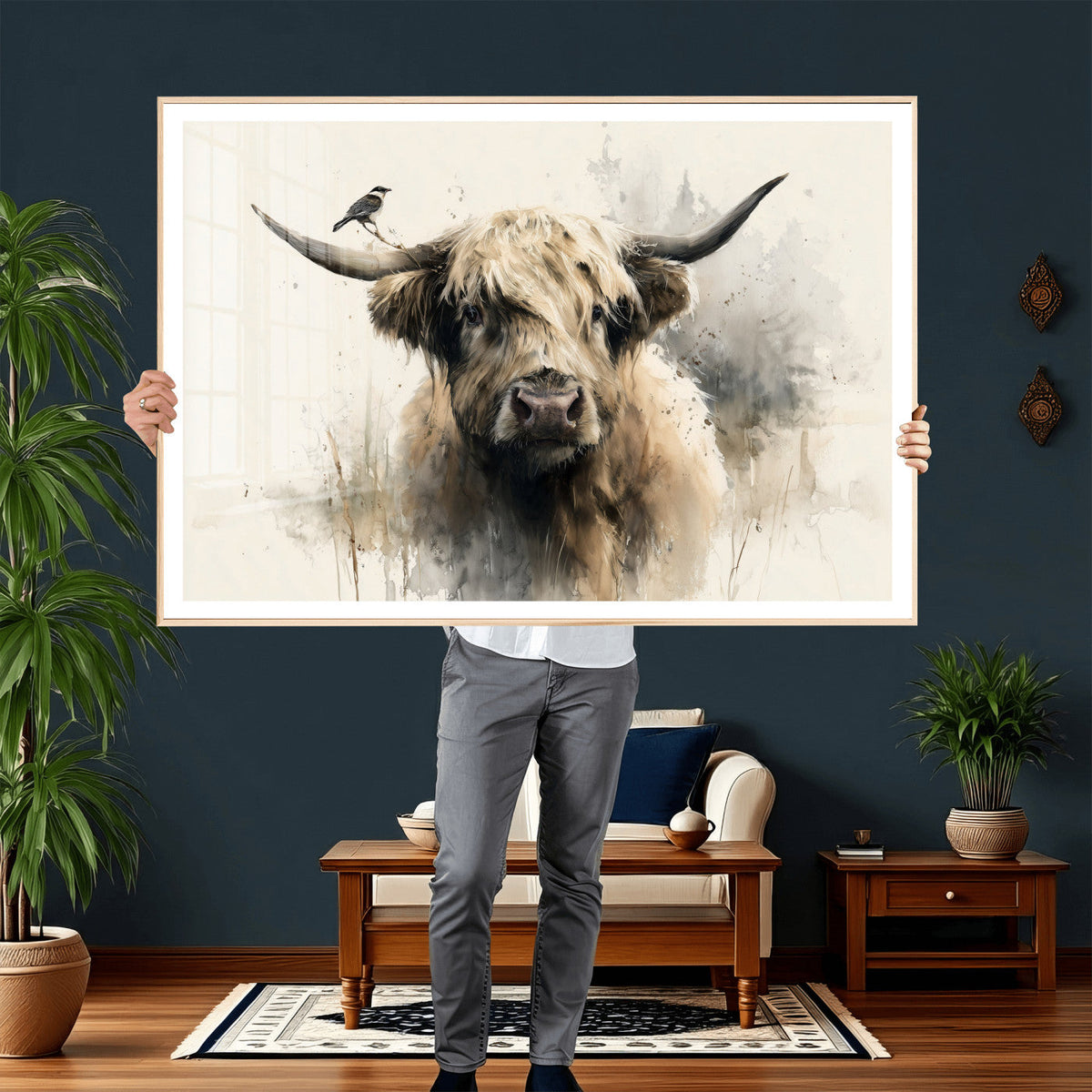 Abstract Highland Cow Wall Art Canvas Print, Rustic Farm