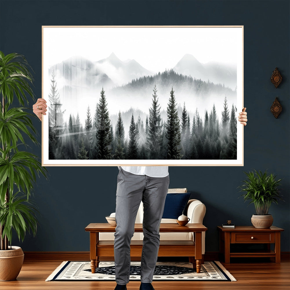 Misty Pine Forest Mountain Landscape Wall Art Canvas Print
