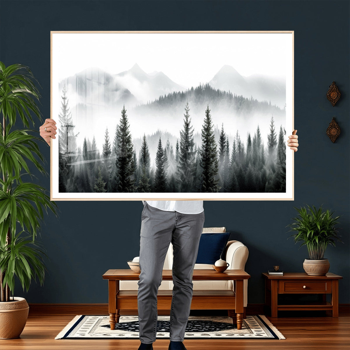 Misty Pine Forest Mountain Landscape Wall Art Canvas Print