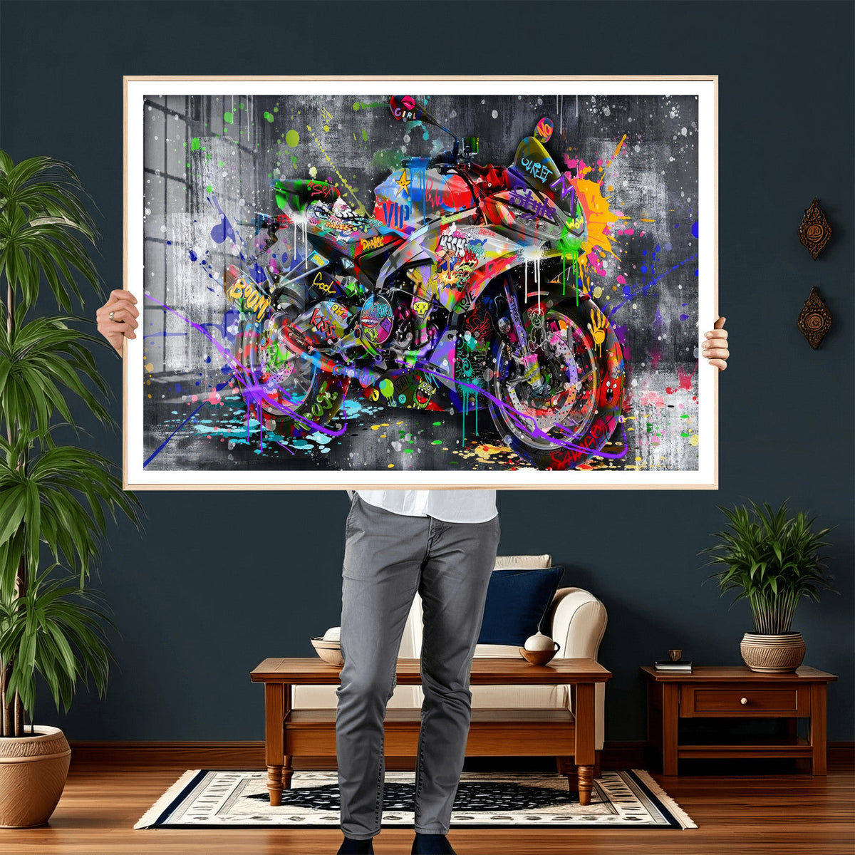 Graffiti Motorcycle Wall Art Canvas Print, Urban Street Art