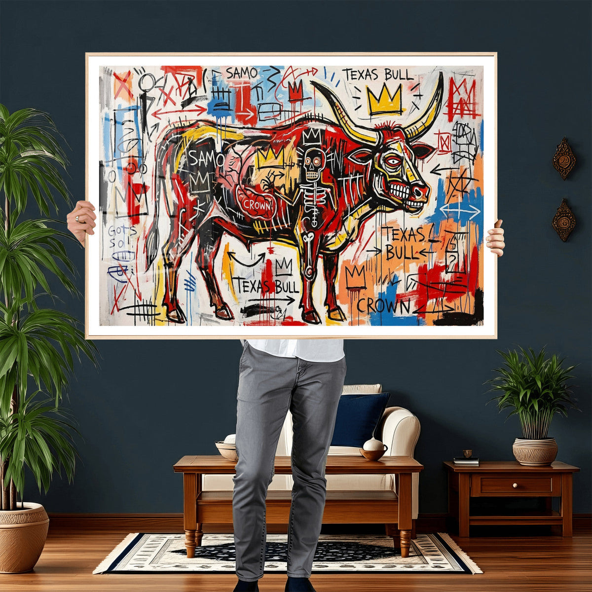 Texas Bull Wall Art Canvas Print, Abstract Graffiti Bull