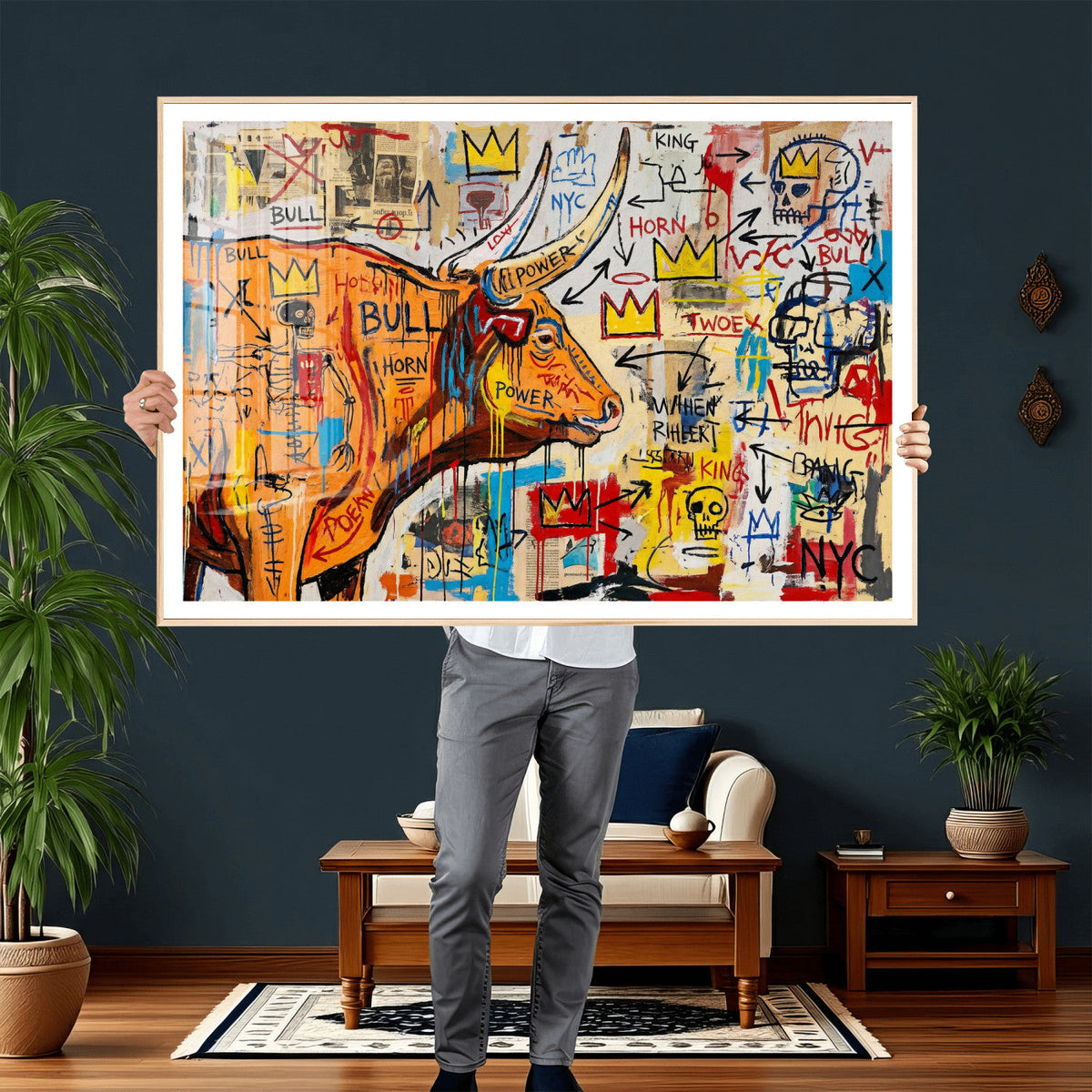 Basquiat Style Bull Graffiti Wall Art Canvas Print, Street