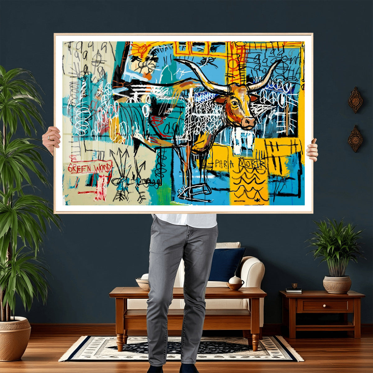 Basquiat Style Bird Bull Graffiti Wall Art Canvas Print,