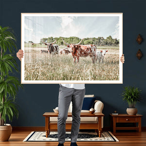 Texas Longhorn Cattle Wall Art Canvas Print, Rustic Ranch