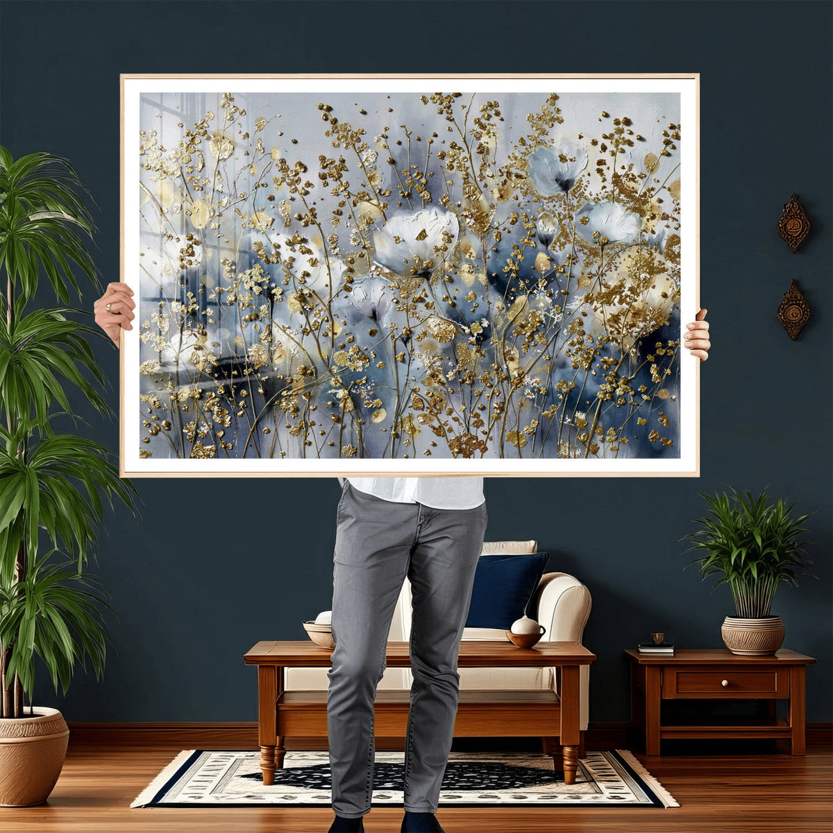Abstract Floral Wall Art Canvas Print – Gold and Blue