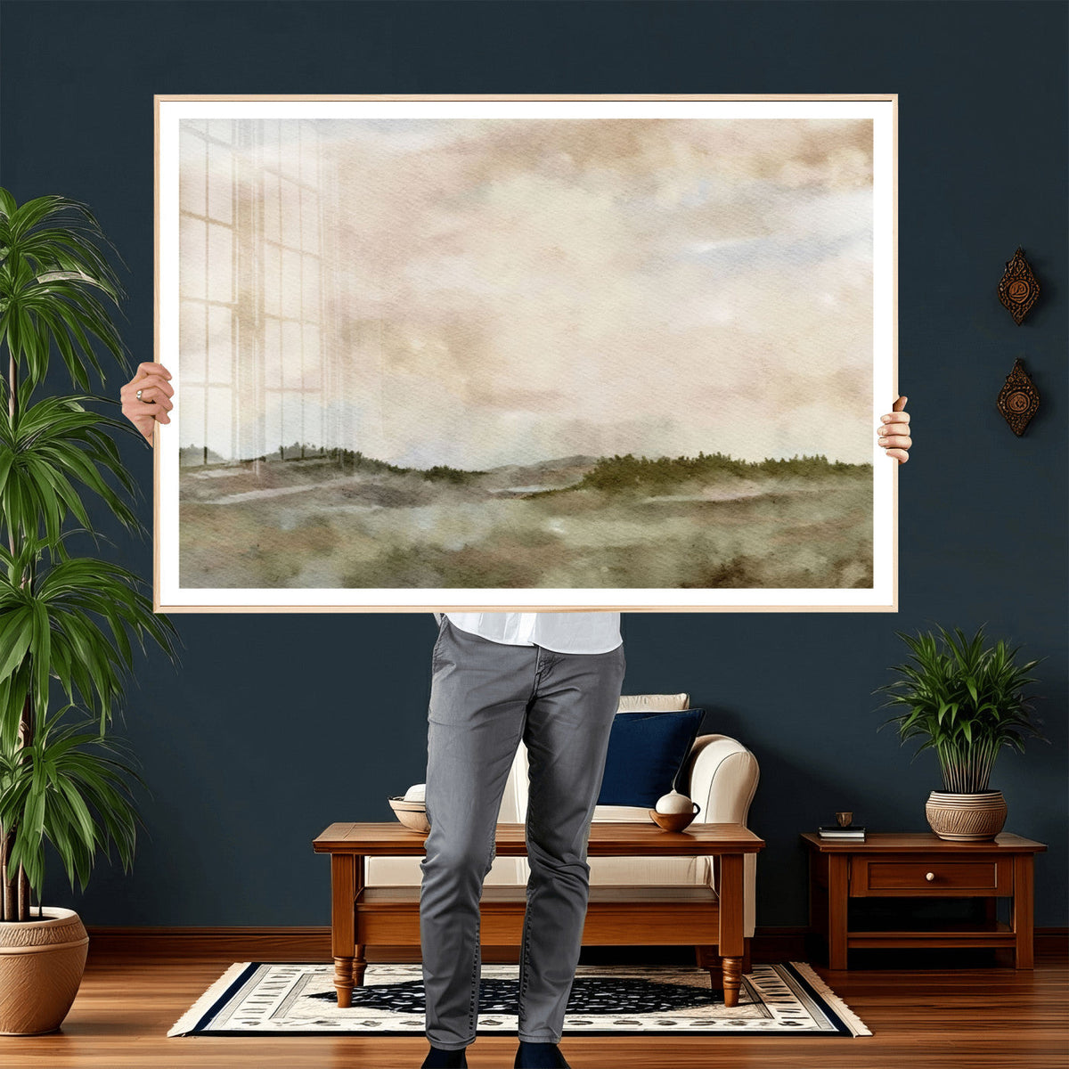 Muted Watercolor Hill Landscape Print — Beige Taupe Cloudy
