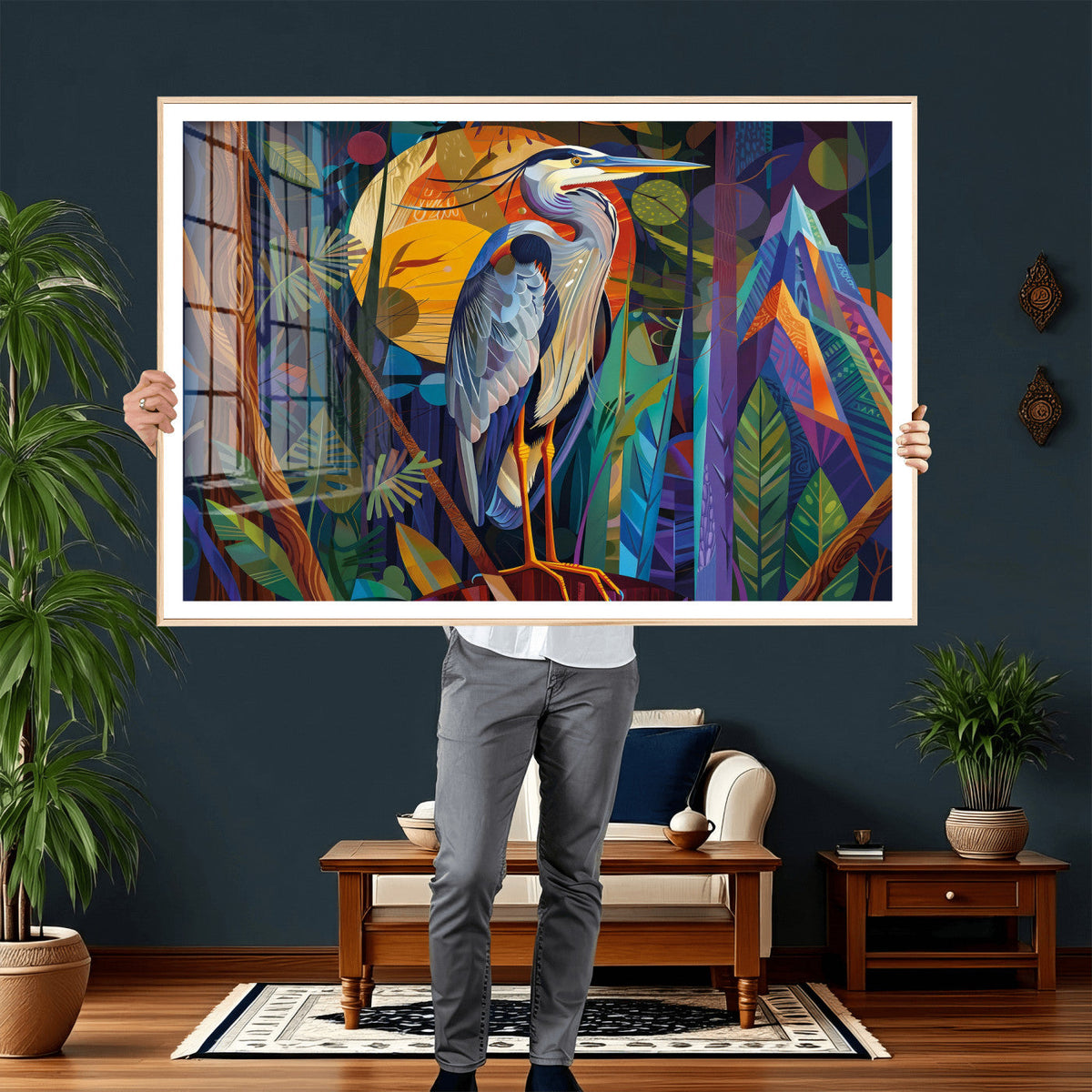 Colorful Heron Wall Art Canvas Print Tropical Bird Abstract