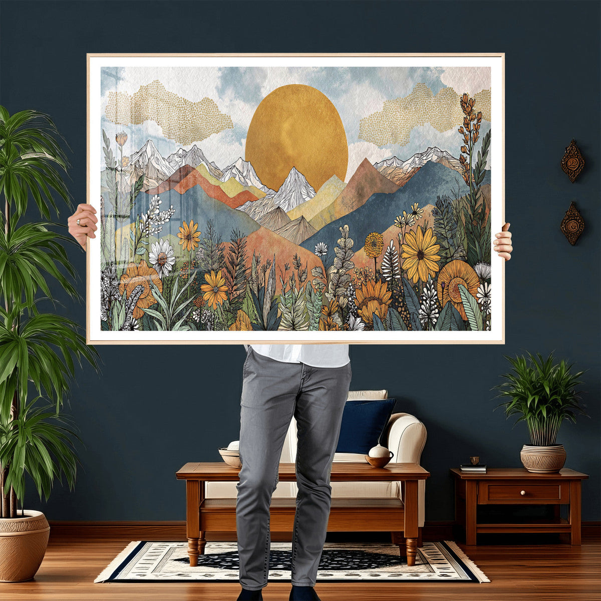 Boho Mountain Landscape Large Wall Art, Horizontal Gold