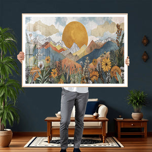 Boho Mountain Landscape Large Wall Art, Horizontal Gold
