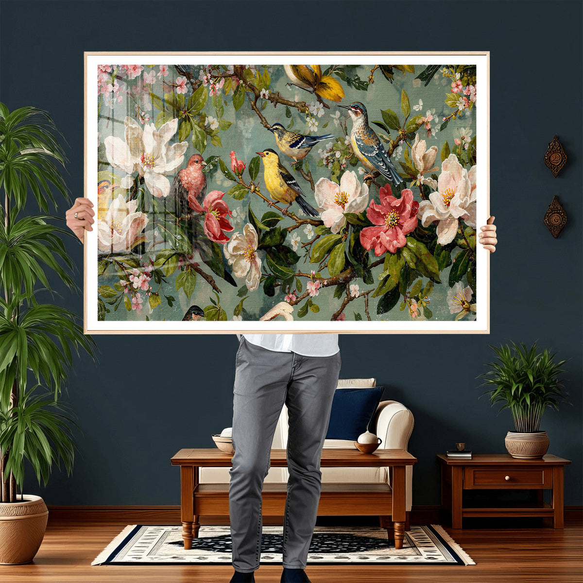 Vintage Birds and Flowers Wide Wall Art: Extra Large