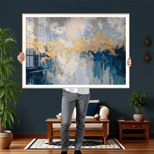Blue Gold Abstract Large Framed Canvas Wall Art, Modern