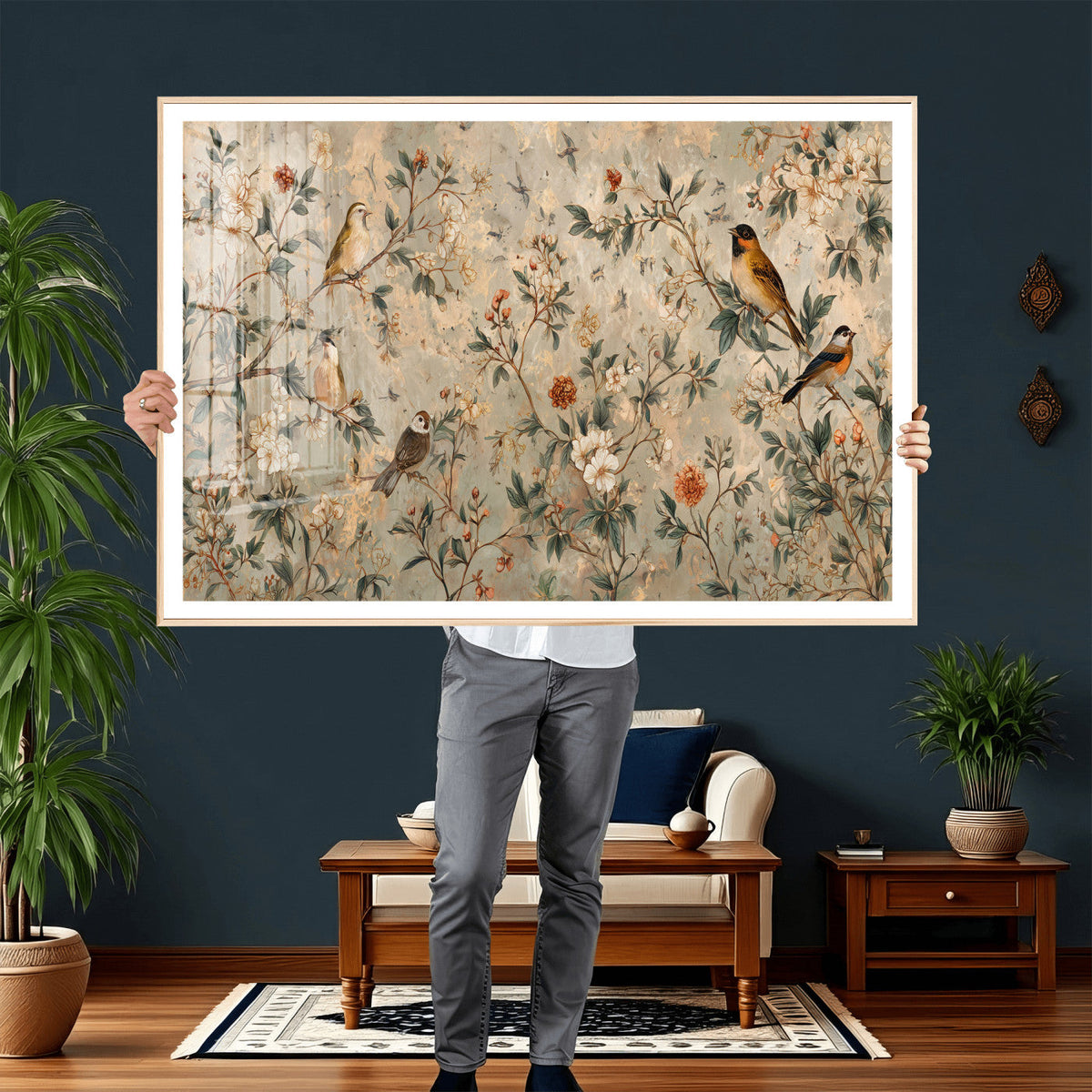 Vintage Birds and Flowers Wall Art Canvas Print, Botanical
