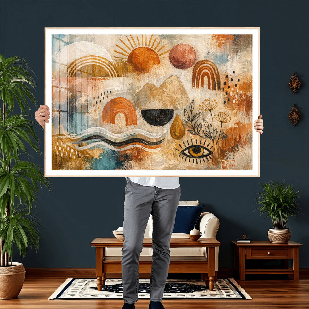 Geometric Boho Abstract Wall Art Canvas Print, Orange Blue
