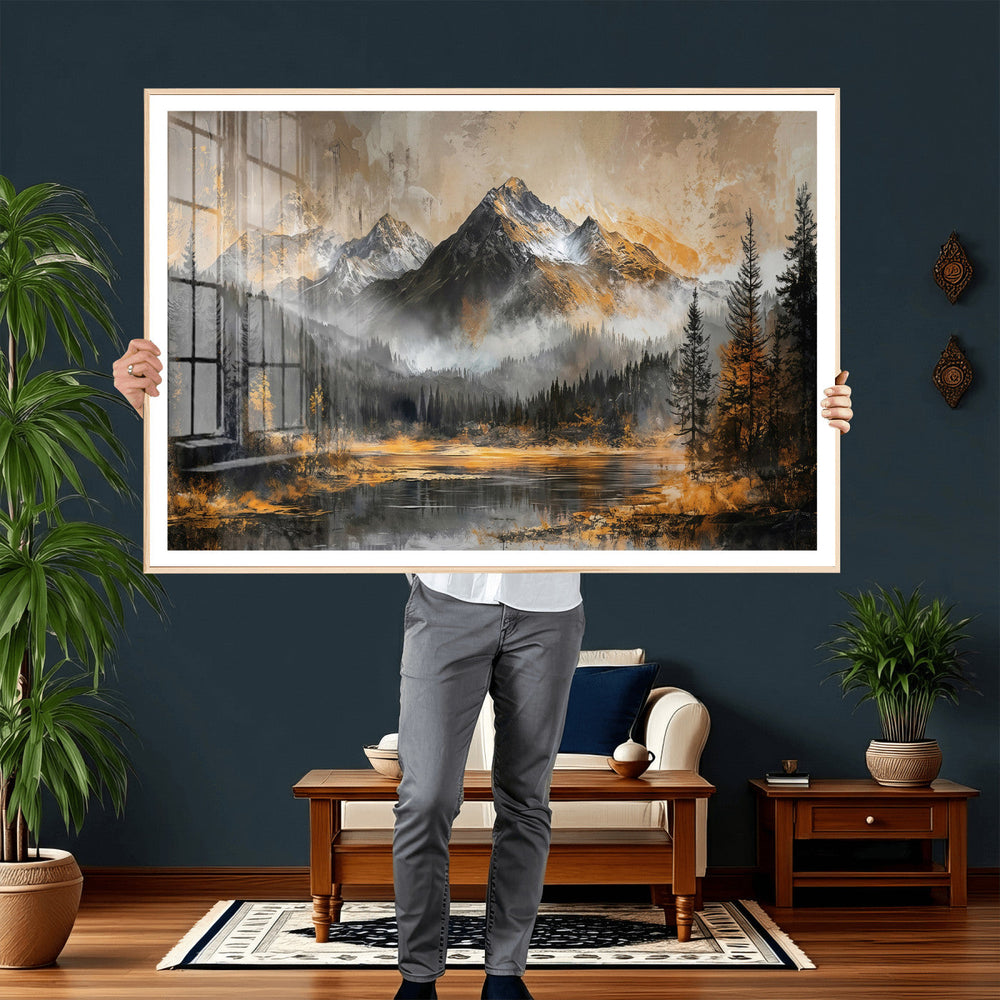 Mountain Lake Canvas Wall Art — Rustic Forest Landscape