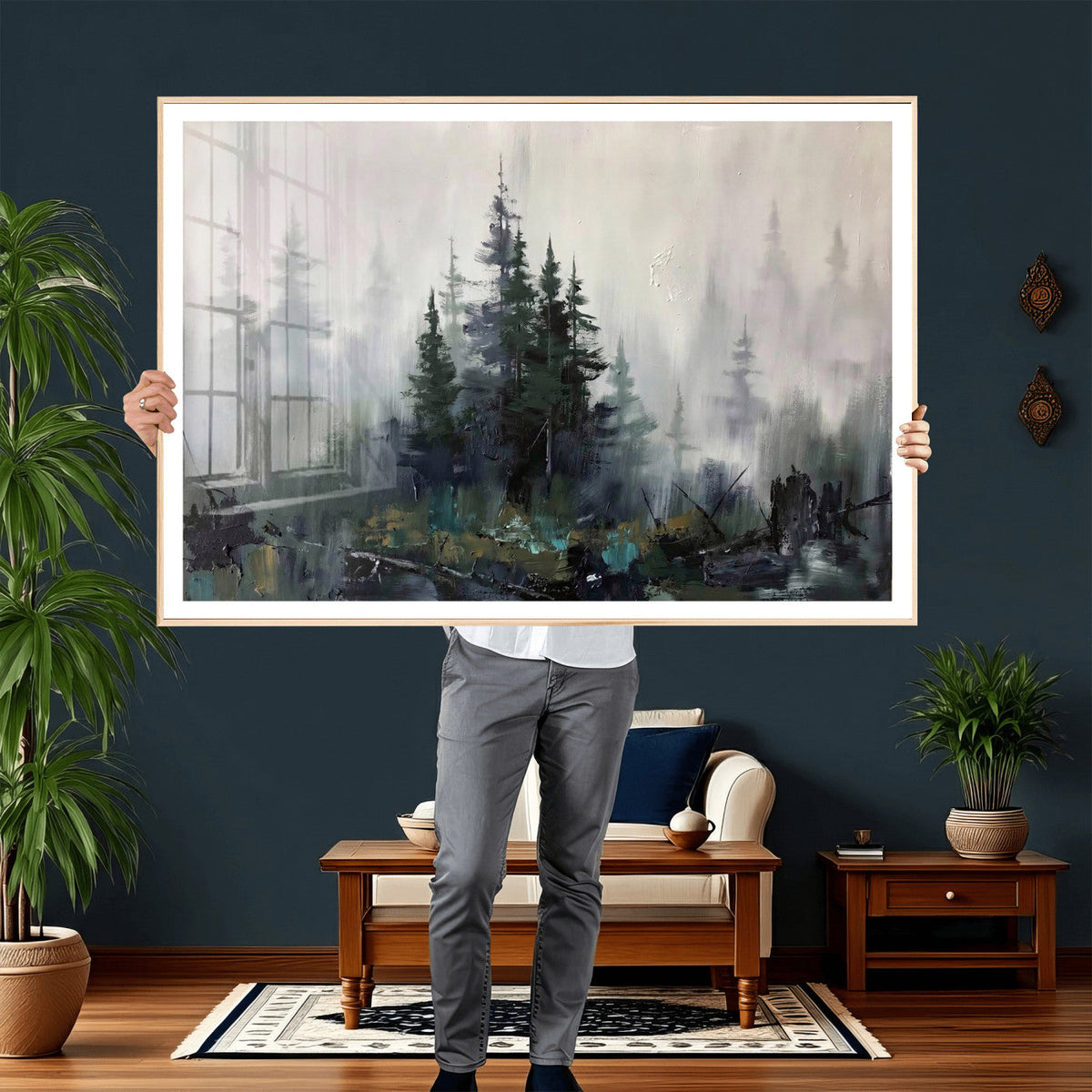 Misty Pine Forest Oil Painting Canvas — Dark Moody Teal Grey
