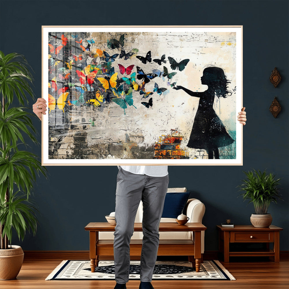 Banksy Butterfly Girl Wall Art Canvas Print, Framed Street